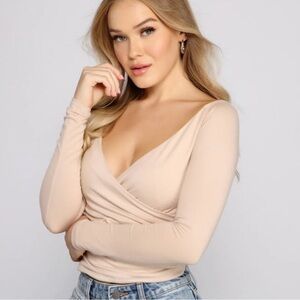 Express Cream Long Sleeve Wrap Blouse